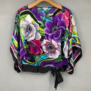 Cache y2k Womens M Silk Psychedelic Swirl Top Floral Kimono Tropical Vibrant